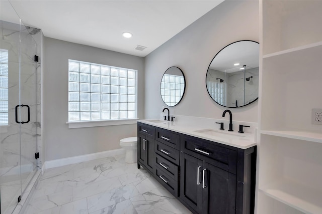 2702 Fairway Dr, Sugar Land, TX 77478 - full bathroom with a marble finish shower, double vanity, marble look tiles, baseboards, and recessed lighting