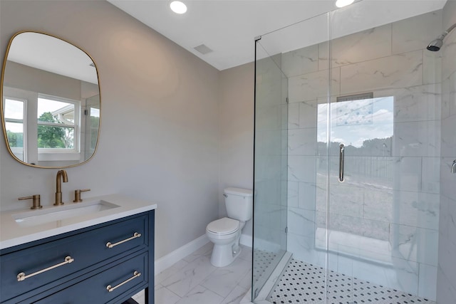 2702 Fairway Dr, Sugar Land, TX 77478 - bathroom with toilet, vanity, a shower stall, baseboards, and recessed lighting
