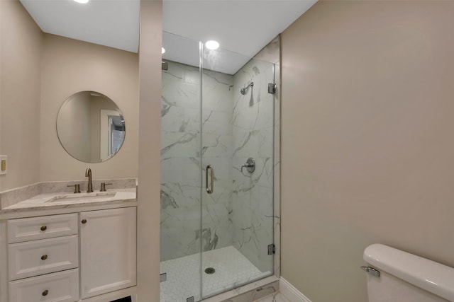 2702 Fairway Dr, Sugar Land, TX 77478 - bathroom with recessed lighting, toilet, a marble finish shower, vanity, and baseboards