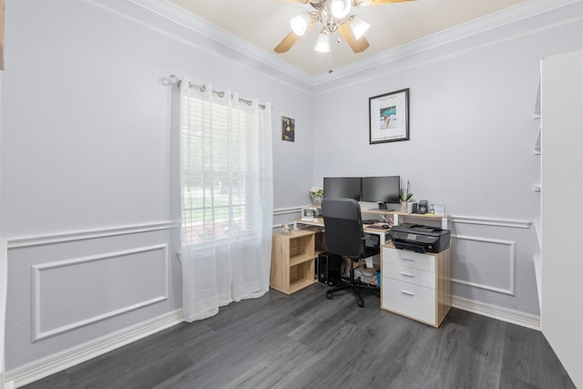 8518 Kerr Dr, Tomball, TX 77375 - office area with crown molding, dark wood finished floors, ceiling fan, and baseboards