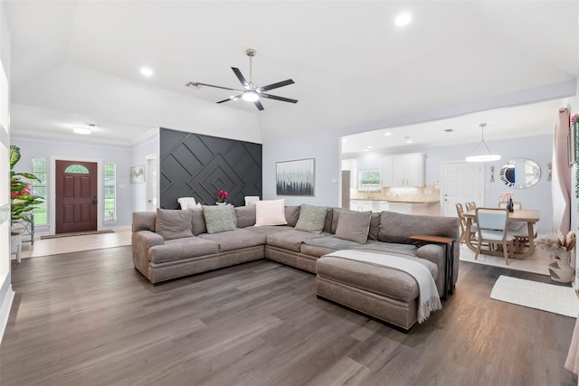 8518 Kerr Dr, Tomball, TX 77375 - living area with wood finished floors, ceiling fan, ornamental molding, recessed lighting, and baseboards