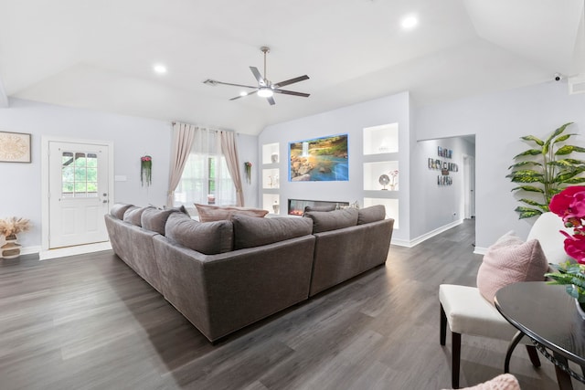 8518 Kerr Dr, Tomball, TX 77375 - living area with lofted ceiling, a ceiling fan, dark wood finished floors, baseboards, and recessed lighting
