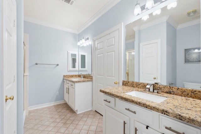 8518 Kerr Dr, Tomball, TX 77375 - bathroom with ornamental molding, a shower stall, two vanities, tile patterned flooring, and baseboards