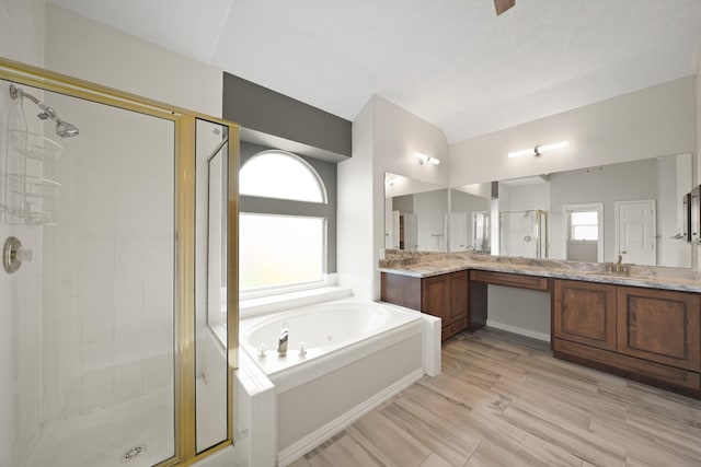 4903 Cedar Cove Dr, Baytown, TX 77521 - full bathroom with a shower stall, a tub with jets, and vanity
