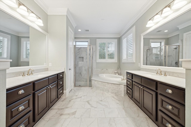 22 Hedgedale Way, Spring, TX 77389 - full bathroom featuring plenty of natural light, two vanities, a shower stall, a bath, and ornamental molding
