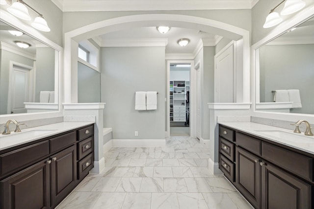 22 Hedgedale Way, Spring, TX 77389 - full bath featuring marble finish flooring, crown molding, and two vanities