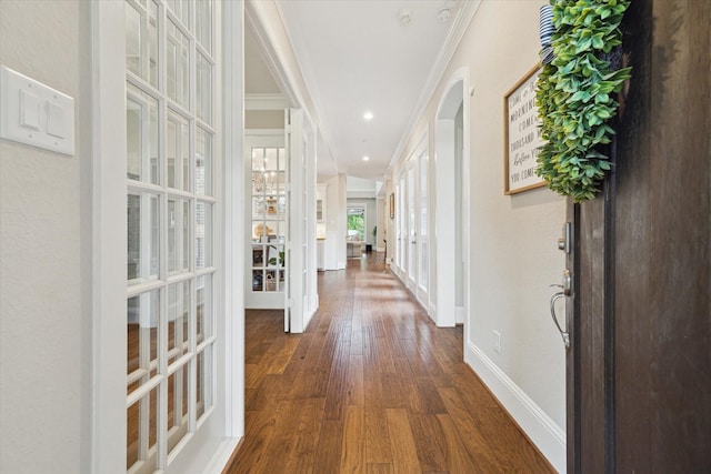 22 Hedgedale Way, Spring, TX 77389 - foyer with dark wood-type flooring, french doors, ornamental molding, and recessed lighting