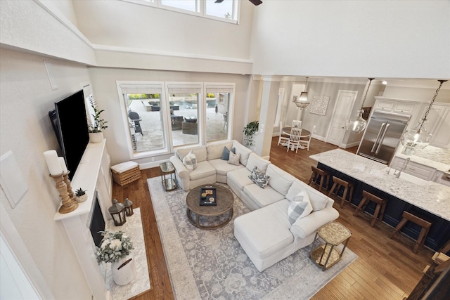 22 Hedgedale Way, Spring, TX 77389 - living room with a high ceiling, dark wood finished floors, and ceiling fan