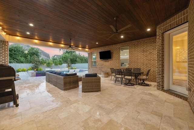 22 Hedgedale Way, Spring, TX 77389 - fenced backyard with a patio, an outdoor living space, outdoor dining space, and ceiling fan