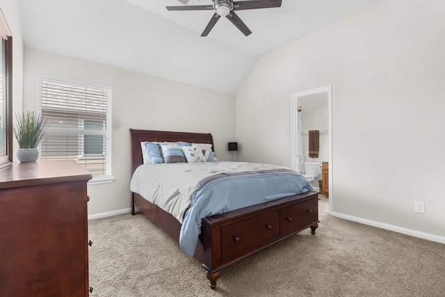 6411 St Placidia Dr, Spring, TX 77379 - bedroom with carpet floors, vaulted ceiling, baseboards, ensuite bath, and ceiling fan