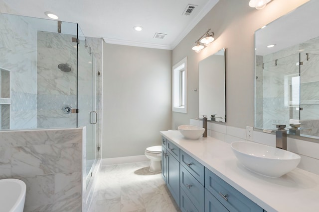 514 E 29th St, Houston, TX 77008 - full bathroom featuring a marble finish shower, crown molding, double vanity, a soaking tub, and toilet