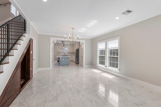 514 E 29th St, Houston, TX 77008 - unfurnished living room featuring a chandelier, stairs, ornamental molding, light marble finish flooring, and baseboards
