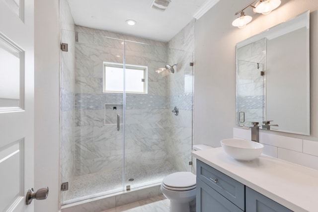 514 E 29th St, Houston, TX 77008 - full bathroom featuring vanity, toilet, a shower stall, and backsplash