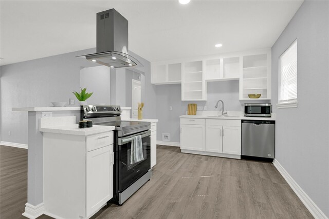 11423 Raincove Dr, Houston, TX 77016 - kitchen featuring stainless steel appliances, island range hood, a sink, light wood-type flooring, and open shelves