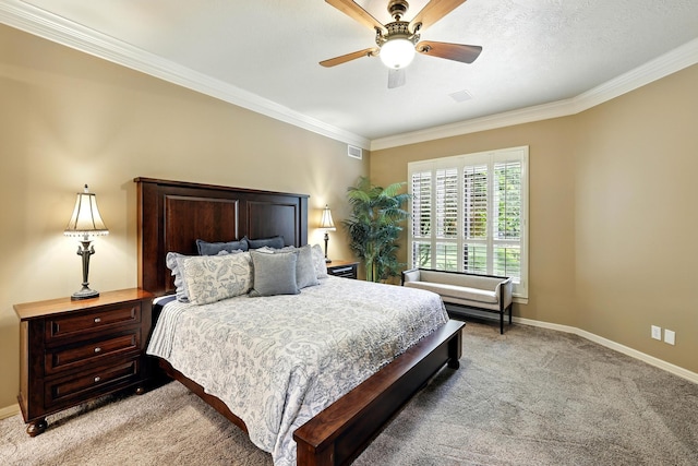 4503 Summits Edge Ln, Katy, TX 77494 - bedroom with light colored carpet, ornamental molding, and ceiling fan