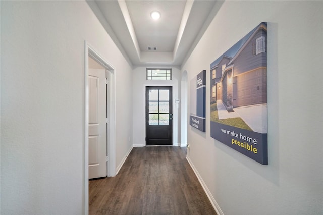 11359 White Rock Rd, Conroe, TX 77306 - entryway featuring dark wood-style flooring, baseboards, and a raised ceiling