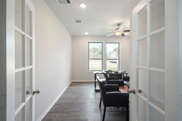 11359 White Rock Rd, Conroe, TX 77306 - home office with a ceiling fan, french doors, baseboards, dark wood finished floors, and recessed lighting