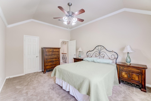 2215 Dali Ln, Missouri City, TX 77459 - carpeted bedroom with lofted ceiling, baseboards, ceiling fan, and crown molding