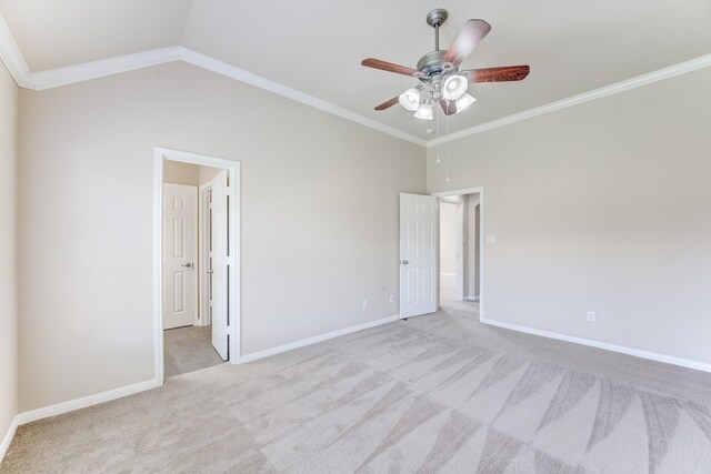 2215 Dali Ln, Missouri City, TX 77459 - unfurnished bedroom featuring carpet floors, baseboards, ornamental molding, lofted ceiling, and ceiling fan