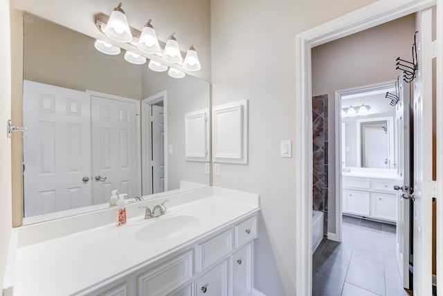 2215 Dali Ln, Missouri City, TX 77459 - bathroom with vanity, tile patterned flooring, shower / bathtub combination with curtain, and a chandelier