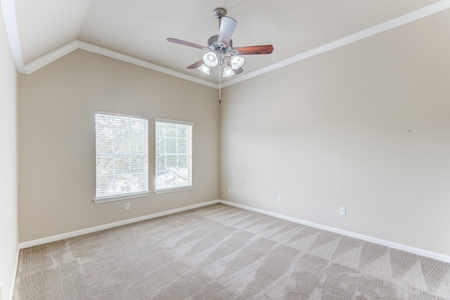 2215 Dali Ln, Missouri City, TX 77459 - unfurnished room featuring ceiling fan, ornamental molding, light carpet, baseboards, and lofted ceiling