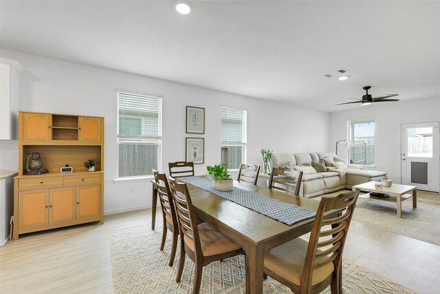 16910 Elm Grove Rd, Conroe, TX 77302 - dining room with light wood-type flooring, a ceiling fan, recessed lighting, and baseboards