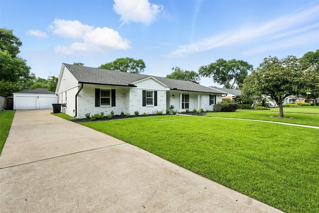 10718 Chevy Chase Dr, Houston, TX 77042 - ranch-style home with a detached garage, brick siding, an outdoor structure, and a shingled roof