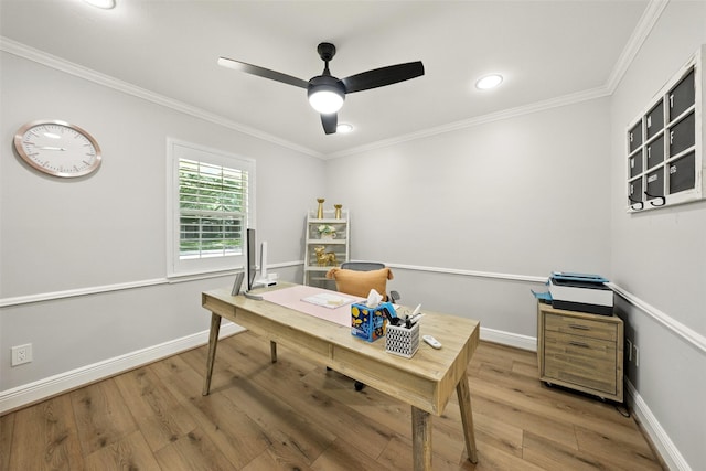 10718 Chevy Chase Dr, Houston, TX 77042 - office featuring a ceiling fan, light wood finished floors, ornamental molding, and recessed lighting