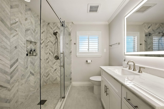 10718 Chevy Chase Dr, Houston, TX 77042 - bathroom featuring vanity, a shower stall, ornamental molding, and tile patterned flooring