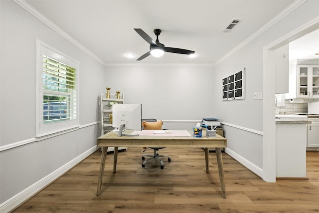 10718 Chevy Chase Dr, Houston, TX 77042 - office with ornamental molding, light wood-style floors, and ceiling fan