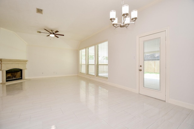 6402 Amelia Springs Dr, Spring, TX 77379 - unfurnished living room with crown molding, ceiling fan, baseboards, a chandelier, and a fireplace with raised hearth