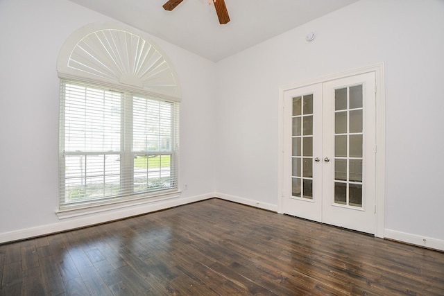 6402 Amelia Springs Dr, Spring, TX 77379 - empty room with french doors, dark wood-style floors, a ceiling fan, baseboards, and vaulted ceiling