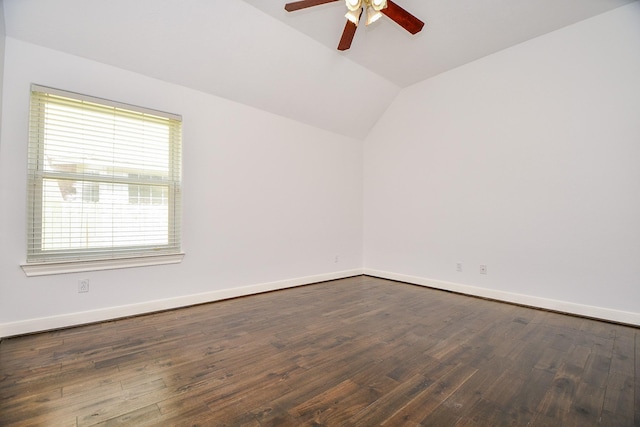 6402 Amelia Springs Dr, Spring, TX 77379 - empty room with ceiling fan, lofted ceiling, dark wood-style floors, and baseboards