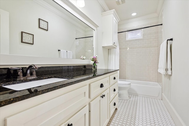 1136 Nadine St, Houston, TX 77009 - bathroom with toilet, vanity, ornamental molding, tub / shower combination, and baseboards