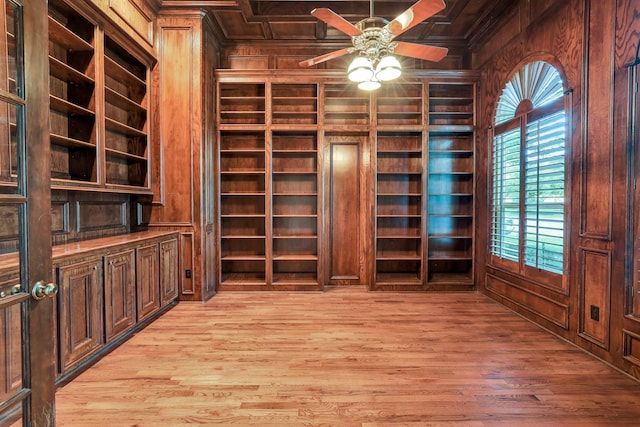 10 Champions Bend Cir, Houston, TX 77069 - unfurnished office with built in features, wooden walls, a ceiling fan, light wood finished floors, and crown molding