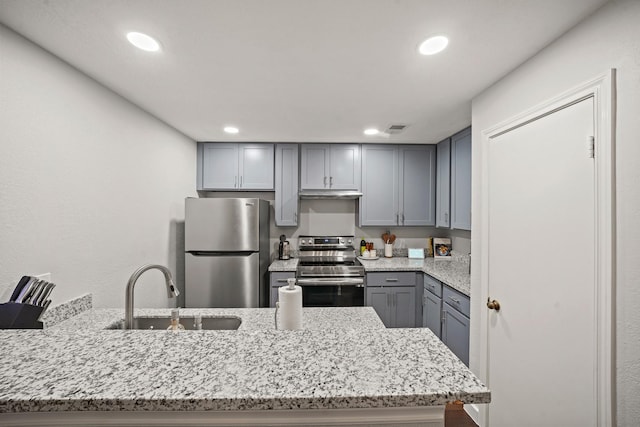 11711 Memorial Dr Unit 276, Houston, TX 77024 - kitchen with appliances with stainless steel finishes, gray cabinets, a sink, light stone countertops, and recessed lighting