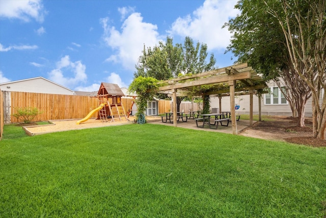 818 Garden Rose Ln, Houston, TX 77018 - fenced backyard with a playground, a pergola, a patio, and a shed
