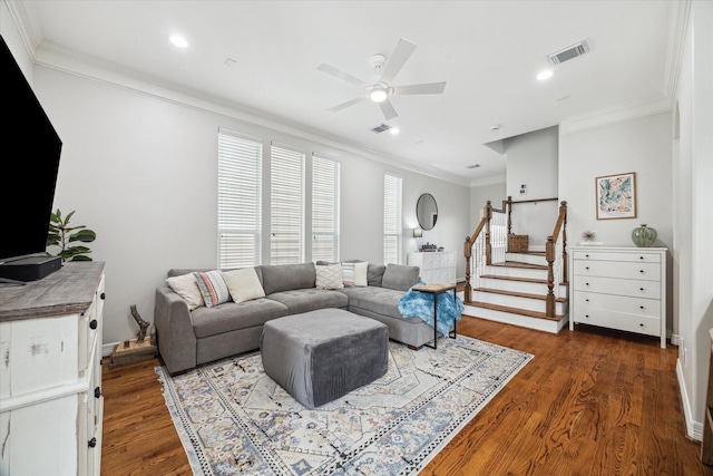 818 Garden Rose Ln, Houston, TX 77018 - living room with crown molding, ceiling fan, wood finished floors, stairway, and recessed lighting