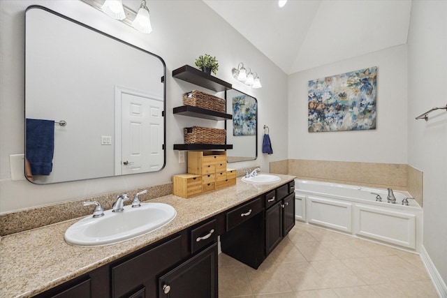 818 Garden Rose Ln, Houston, TX 77018 - bathroom featuring double vanity, tile patterned floors, a bath, and lofted ceiling