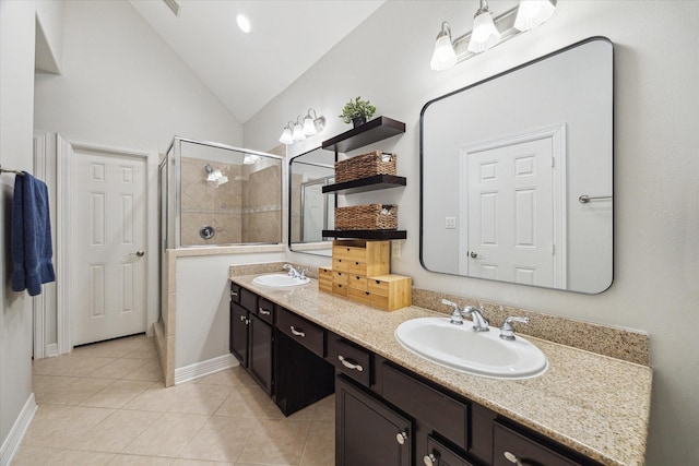 818 Garden Rose Ln, Houston, TX 77018 - bathroom featuring tile patterned flooring, double vanity, a stall shower, and lofted ceiling