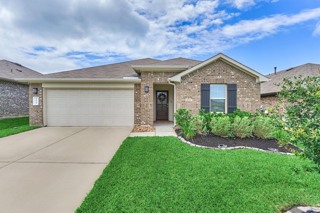 13919 Leigh Lake Ln, Conroe, TX 77384 - ranch-style house with brick siding, an attached garage, concrete driveway, a front yard, and roof with shingles
