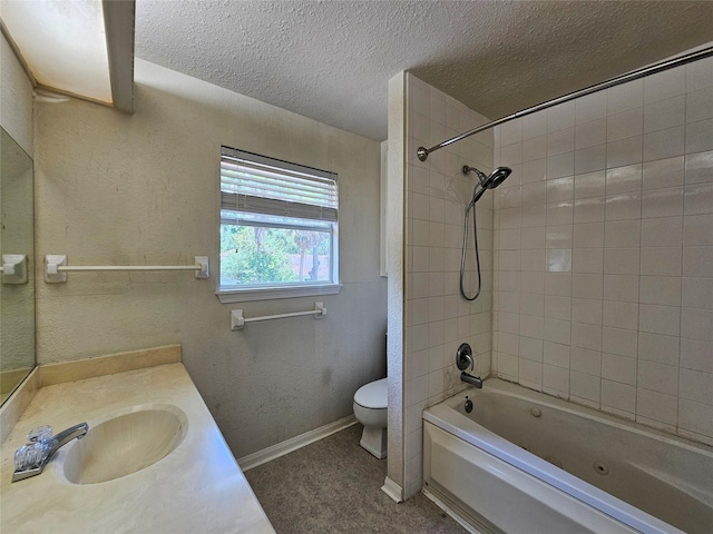 16438 Glenshannon Dr, Houston, TX 77059 - bathroom featuring toilet, a textured ceiling, shower / bath combination, vanity, and baseboards