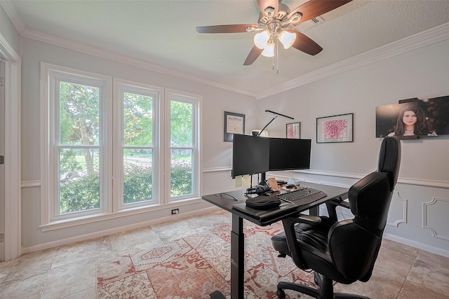 16418 Crawford St, Jersey Village, TX 77040 - home office featuring crown molding and ceiling fan
