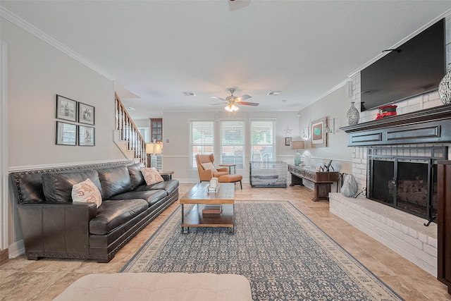 16418 Crawford St, Jersey Village, TX 77040 - living area featuring ornamental molding, ceiling fan, a fireplace, and stairway