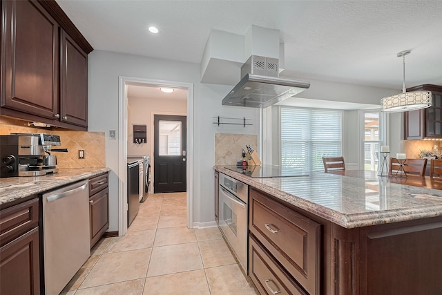 16418 Crawford St, Jersey Village, TX 77040 - kitchen featuring appliances with stainless steel finishes, wall chimney exhaust hood, backsplash, light tile patterned flooring, and recessed lighting
