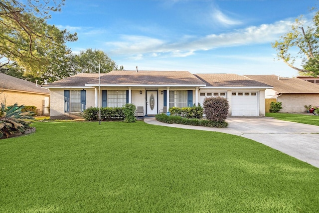 1105 Mesquite St, Baytown, TX 77521 - ranch-style home featuring concrete driveway, a garage, a front yard, and a porch