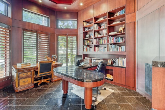 51 Wincrest Falls Dr, Cypress, TX 77429 - office area with granite tiled floors, built in shelves, built in study area, recessed lighting, and a high ceiling