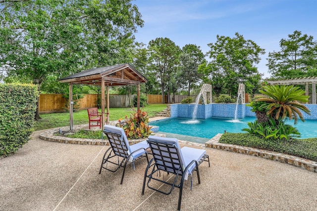 51 Wincrest Falls Dr, Cypress, TX 77429 - view of swimming pool with a gazebo, a fenced backyard, and a patio area