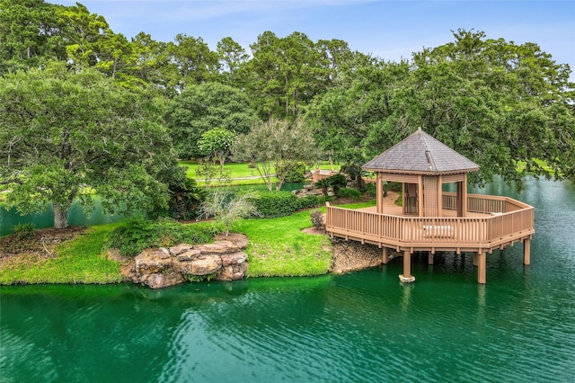 51 Wincrest Falls Dr, Cypress, TX 77429 - dock featuring a gazebo, a deck with water view, and view of scattered trees
