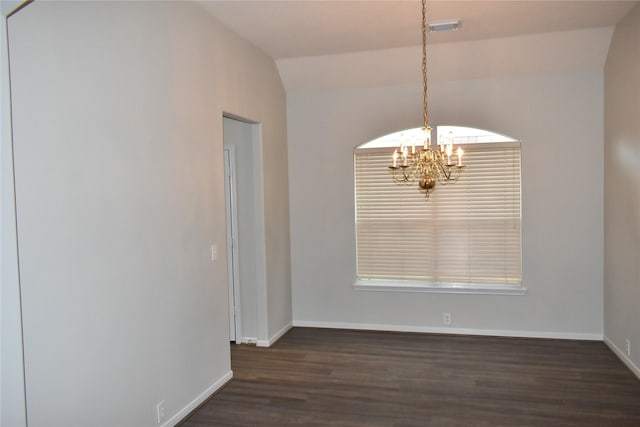 11111 Sprucedale Ct, Houston, TX 77070 - unfurnished dining area featuring a chandelier, dark wood-type flooring, baseboards, and vaulted ceiling